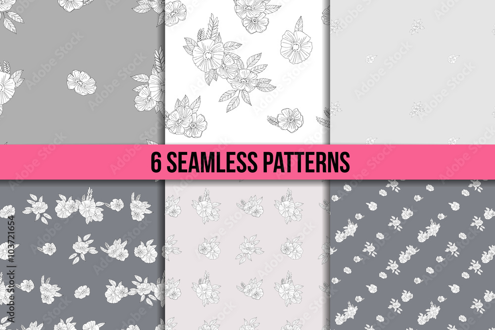 set of six black and white floral patterns set of six black and white floral patterns
