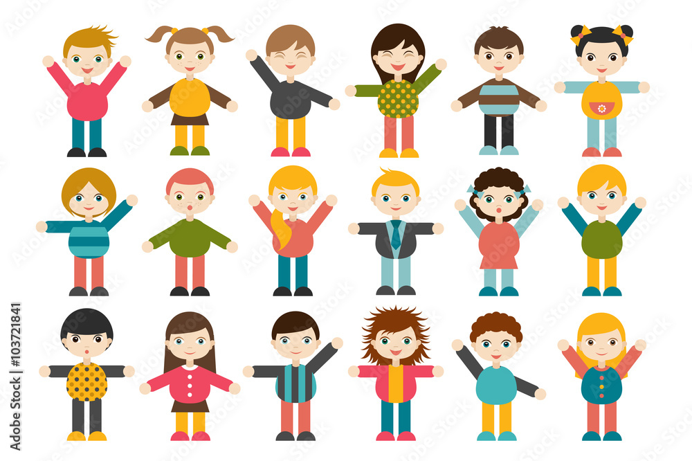 Big set of different cartoon children figures. Boys and girls on a white background. Minimalistic flat modern icon set portraits. Vector illustration Big set of different cartoon children figures. Boys and girls on a white background. Minimalistic flat modern icon set portraits. Vector illustration