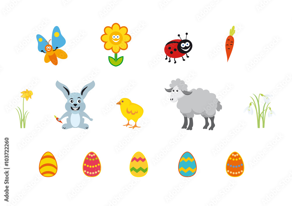 Easter icon on white background. Set Isolated on white background. Easter cartoon. Vector illustration of Easter. Easter set characters. Easter vector icons. Collection spring theme. Spring objects Stock Illustration