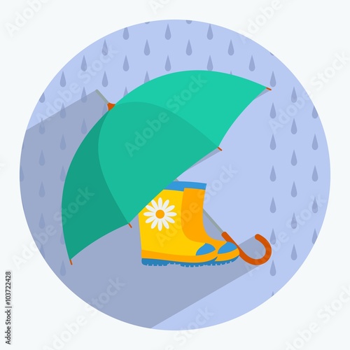Umbrella, rubber boots, rain drops. Flat style vector illustration.