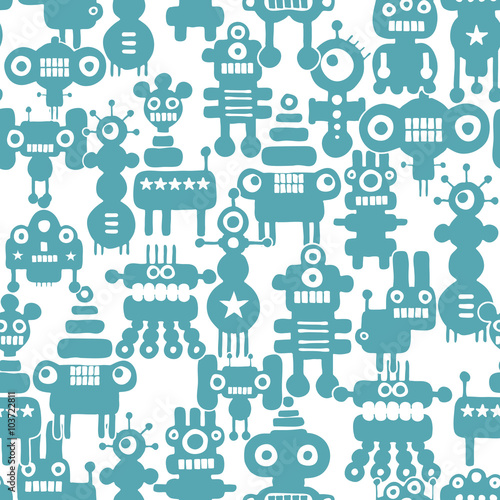 Seamless pattern with cute monsters and robots.