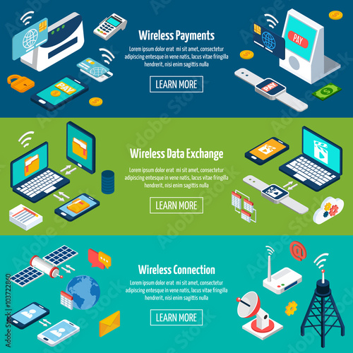 Wireless technologies isometric banner set