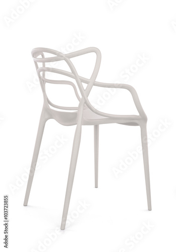 White Plastic Outdoor Cafe Chair on White Background, Three Quarter Rear View