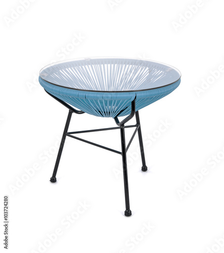 Blue Rattan Outdoor Coffee Table on White Background