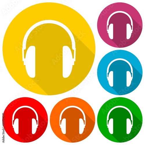 Headphone icons set with long shadow