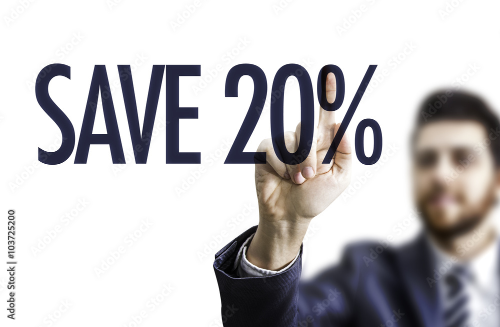Business man pointing the text: Save 20%