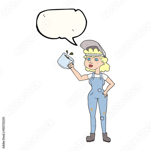 speech bubble cartoon woman in dungarees