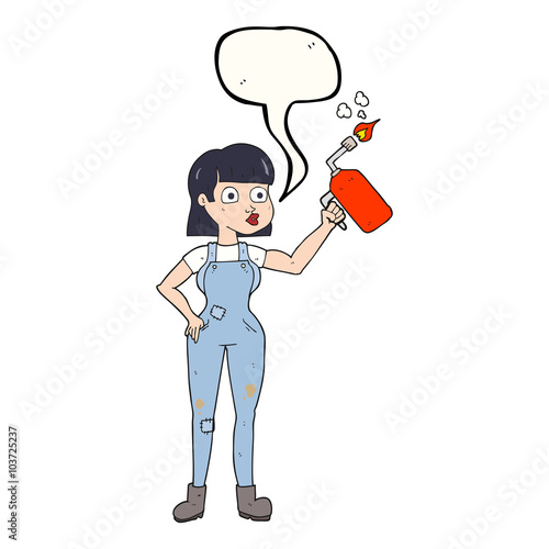 speech bubble cartoon woman in dungarees