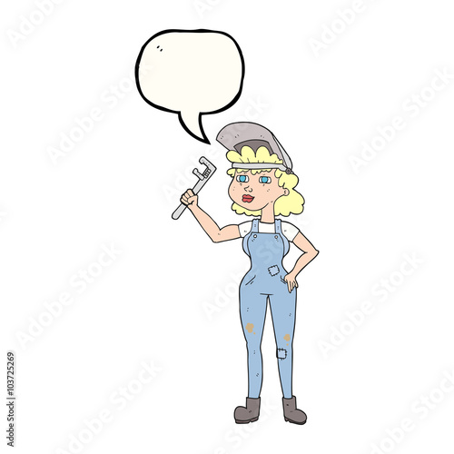speech bubble cartoon capable woman with wrench