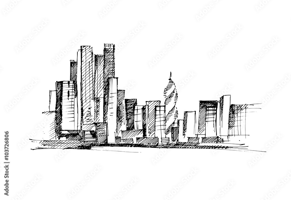Cityscape hand drawn vector illustration.