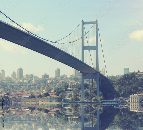 Bridge over Bosphorus at sunset. Travel and business concept