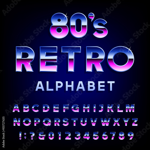 80's retro alphabet vector font. Metallic effect shiny letters and numbers. Vector typography for flyers, headlines, posters etc.