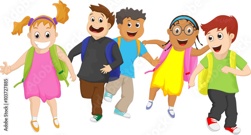Elementary school pupils running outside together