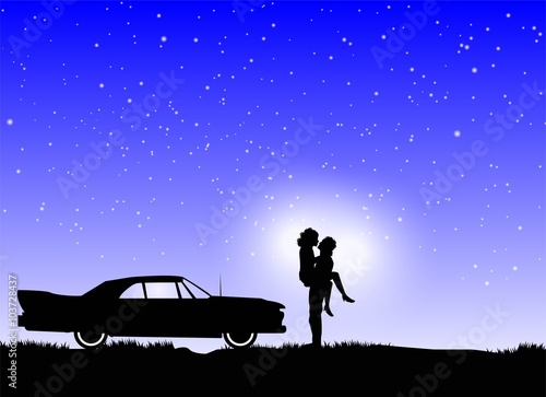 coppia innamorati in una notte stellata con auto vintage sullo sfondo