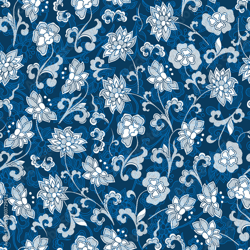 Vintage floral raster seamless pattern with hand-drawn  flowers.