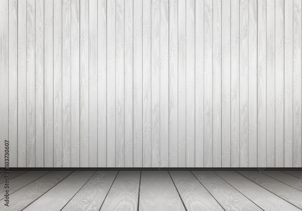 Empty interior for design, poster or text on free space. White wooden wall and gray wooden floor. Empty interior for design, poster or text on free space. White wooden wall and gray wooden floor.