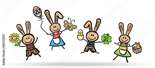 Lustige Osterhasen in Tracht beim Freudensprung / Kreidezeichnung, farbig, Vektor, freigestellt