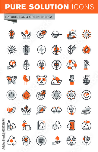 Set of thin line web icons for graphic and web design and development. Icons of environment, green energy, biodegradable materials, nature protection, recycling.