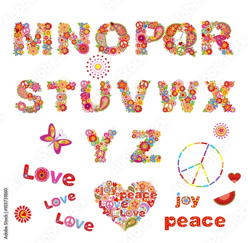 Hippie floral alphabet with funny colorful flowers. Part 2