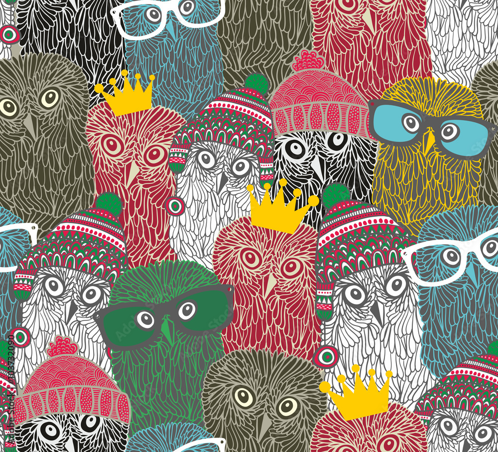 Fototapeta premium Crowd of cute doodle owl.