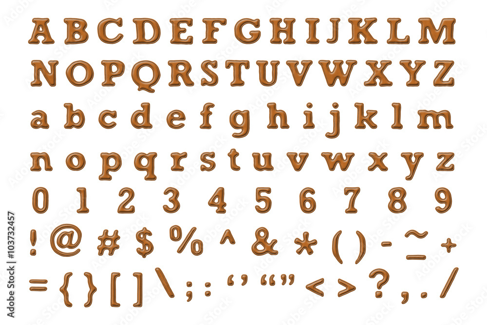 Alphabet set with brown animal leather texture ,rough edge ,stitched border and emboss style isolated on white