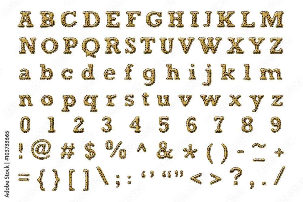 Alphabet set with cheetah texture ,rough edge ,stitched border and emboss style isolated on white Alphabet set with cheetah texture ,rough edge ,stitched border and emboss style isolated on white