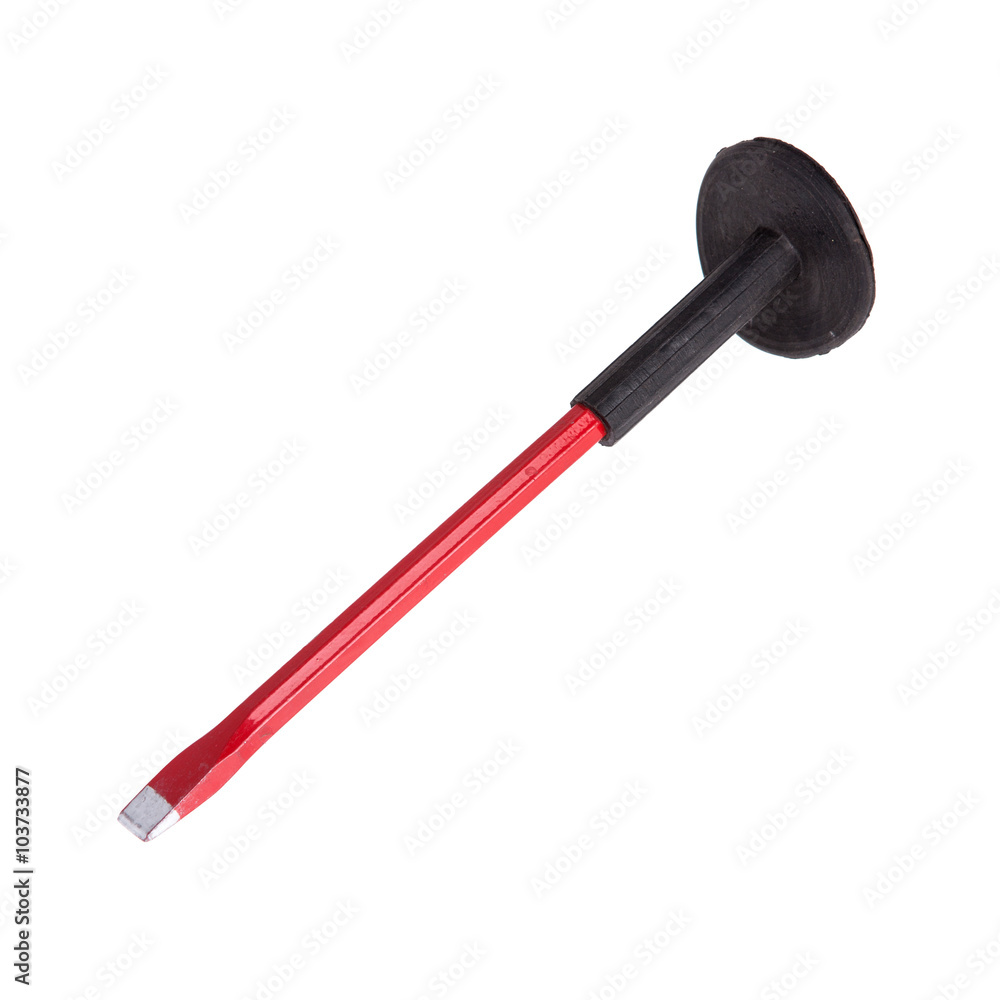 red metal chisel with black rubber handle isolated on white red metal chisel with black rubber handle isolated on white