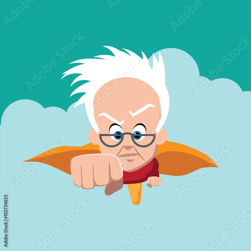 Super grandpa flies straight ahead. EPS 10 vector.