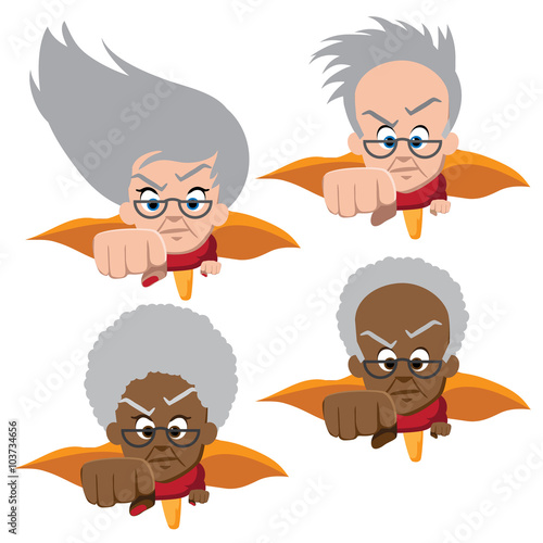 Super grandparents fly straight ahead. EPS 10 vector.