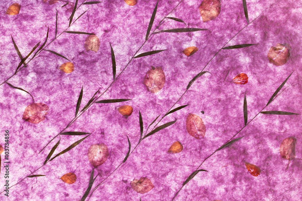Closeup of handmademulberry papertexture background with leaf Closeup of handmademulberry papertexture background with leaf