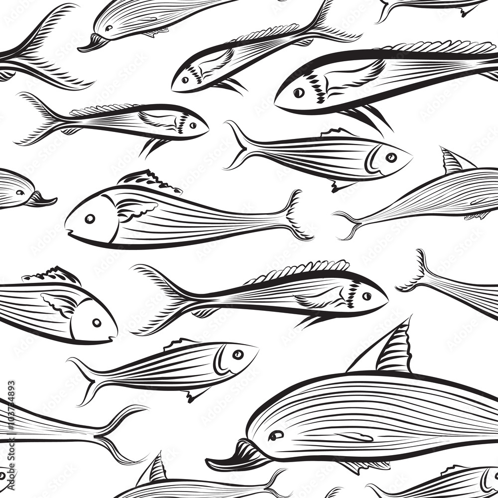 Fish seamless pattern. Sea food tiled background. Fish seamless pattern. Sea food tiled background.