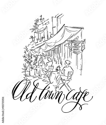 Vector sketch of old street. Old town cafe.
