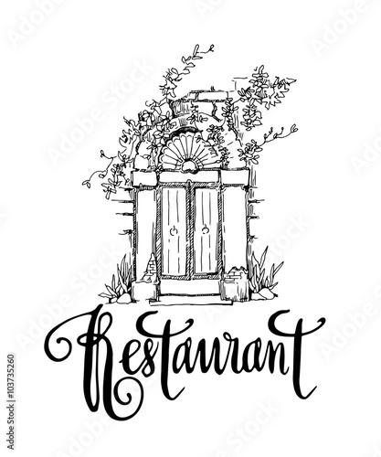 Vector sketch of old street. Restaurant callighaphy inscription. photo