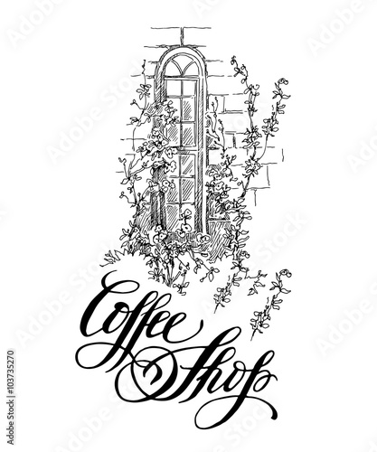 Vector sketch of old street. Coffe shop inscription.