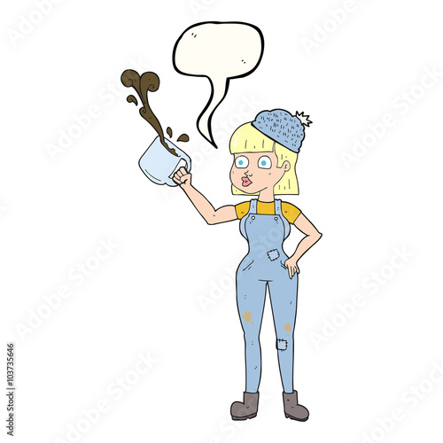 speech bubble cartoon female worker with coffee mug