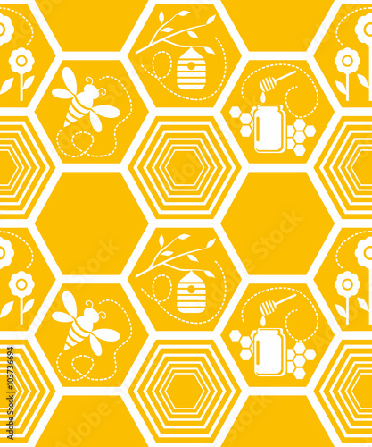 Seamless pattern with honeycomb, honeybees, hive and honey pot