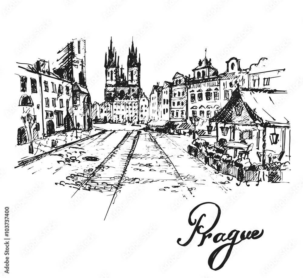 Old Prague view. Czech Republic. Hand drawn sketch, vector illustration.