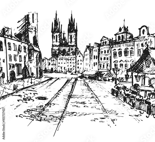 Old Prague view. Czech Republic. Hand drawn sketch  vector illustration.