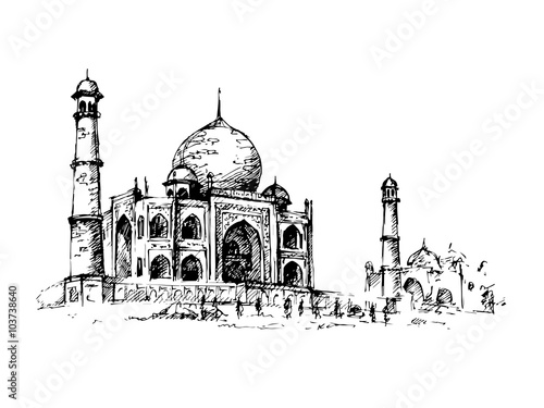 Taj Mahal, India. Vector hand drawn illustration.