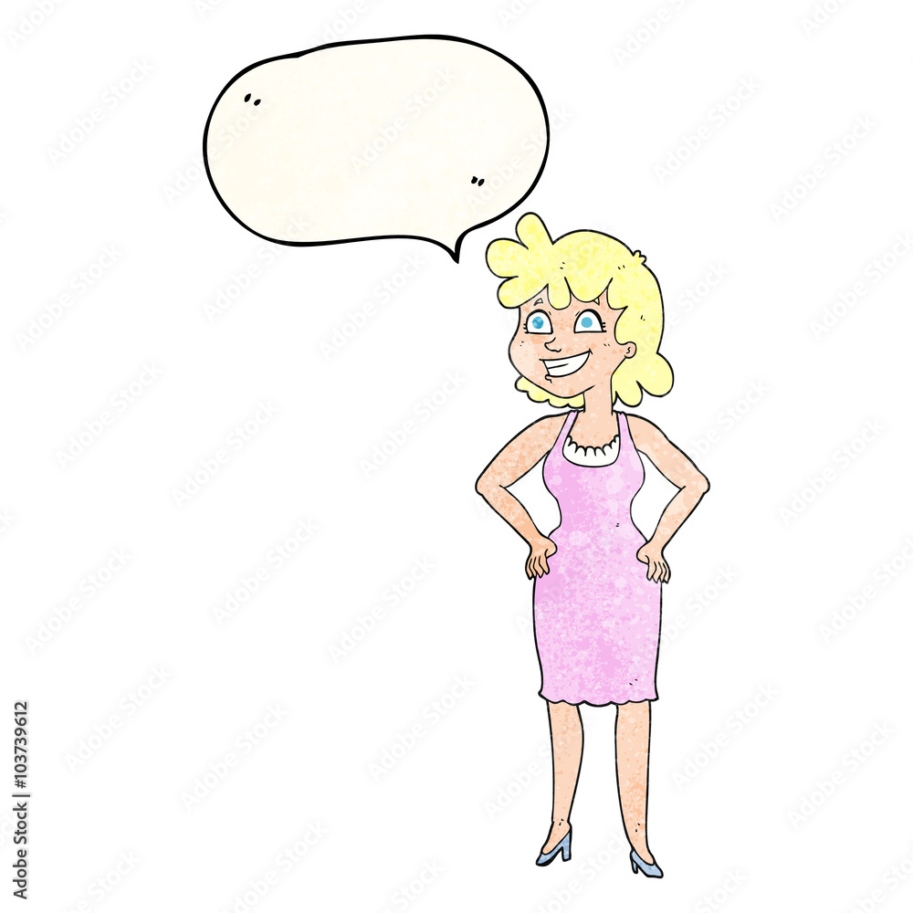 speech bubble textured cartoon happy woman wearing dress speech bubble textured cartoon happy woman wearing dress
