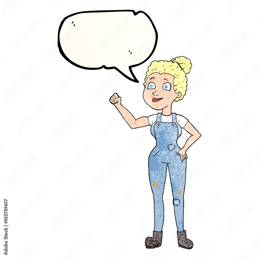speech bubble textured cartoon woman in dungarees speech bubble textured cartoon woman in dungarees