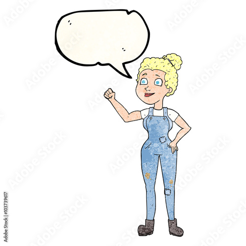 speech bubble textured cartoon woman in dungarees
