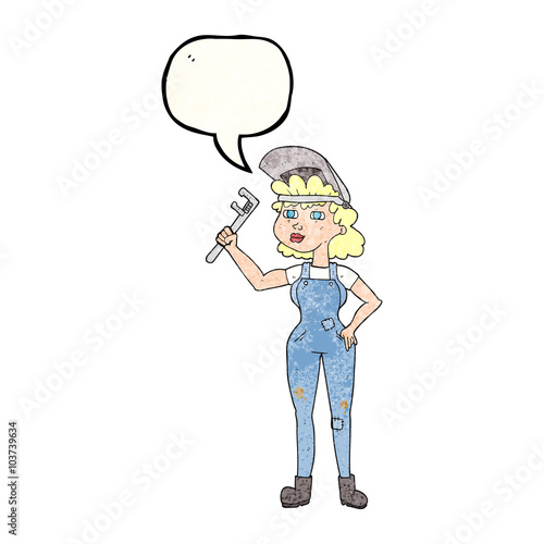 speech bubble textured cartoon capable woman with wrench