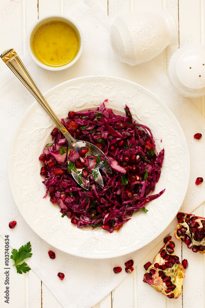Red cabbage salad with pomegranate seeds. Red cabbage salad with pomegranate seeds.