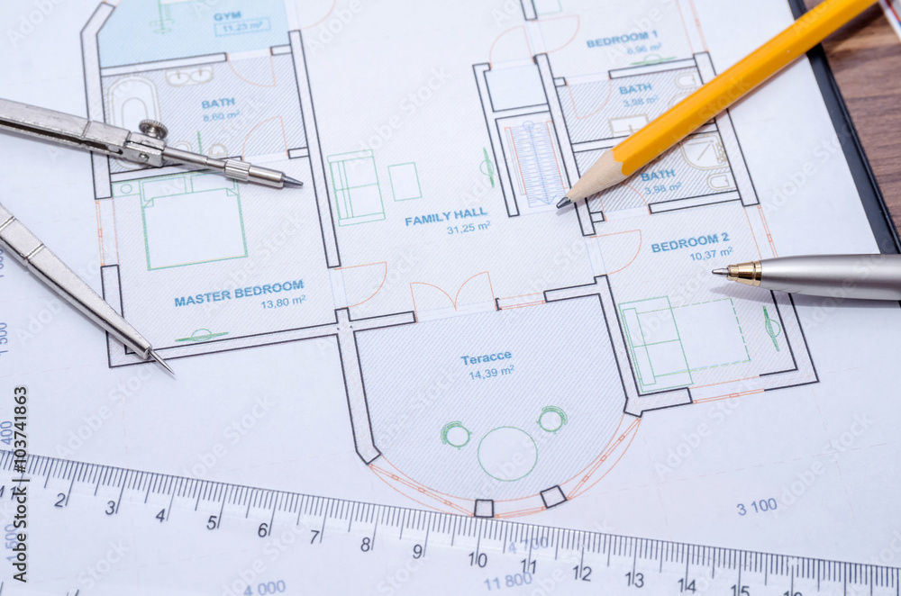 Architectural plan house with work tools Architectural plan house with work tools