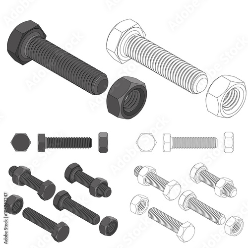 bolt and nut set all view isometric