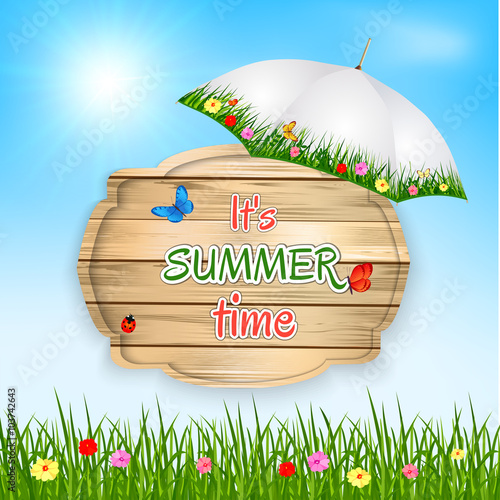 summer time background with text on wooden board in a grass, flowers and sky. Vector illustration.