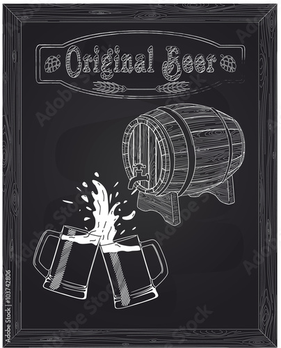 wooden barrel and two mugs of beer with foam and spray