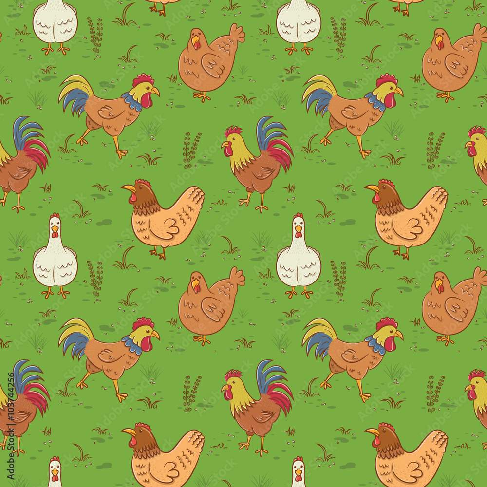 Fototapeta Roosters and hens seamless pattern