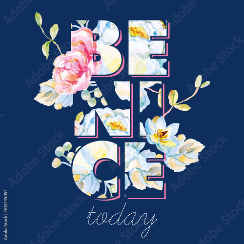 White and pink roses with floral elements on the dark blue background. Watercolor with summer garden flowers. Print for tee shirt with message Be nice today. Typographic design artwork.
